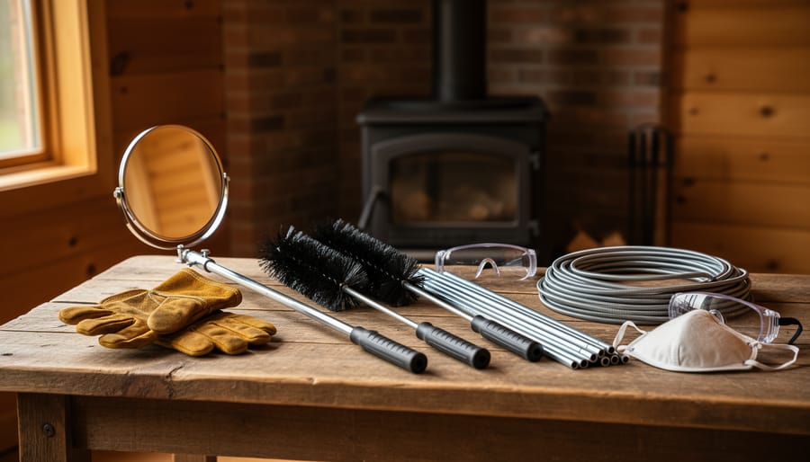 Array of chimney cleaning and inspection tools arranged on wooden workbench