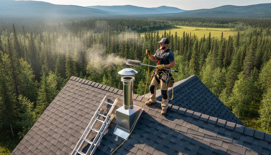 Person cleaning chimney from cabin rooftop using long-handled brush