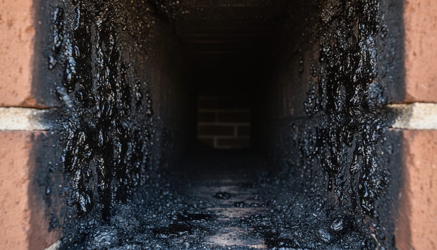 Close-up view of dangerous glazed creosote buildup inside a chimney pipe