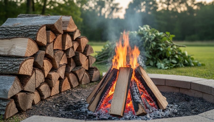 Close-up of properly seasoned split firewood showing dry cracked texture