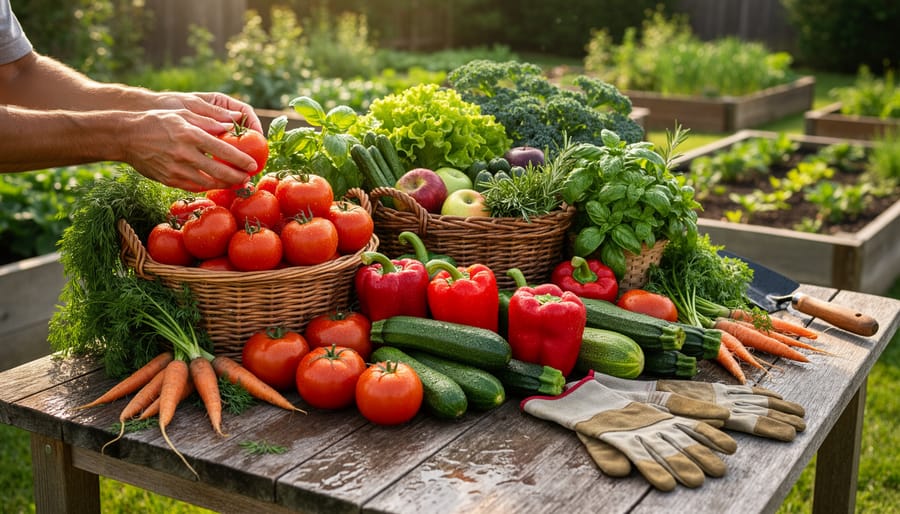 Gardener kneeling in a backyard raised-bed garden holding a basket of freshly harvested vegetables and herbs