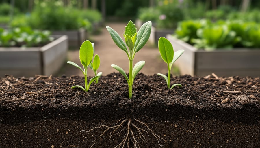 Close-up of compost-rich soil with a young vegetable seedling sprouting