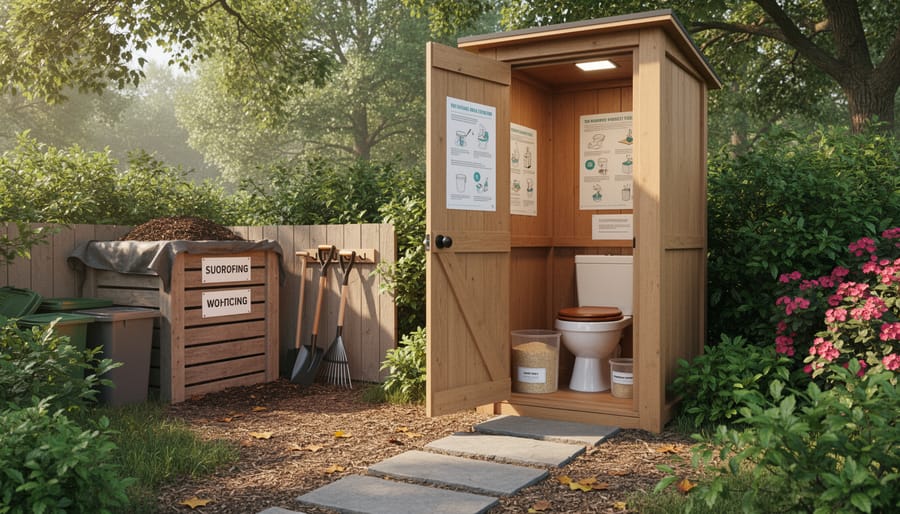 Exterior composting toilet shelter with wooden structure and dry leaves for sanitation management