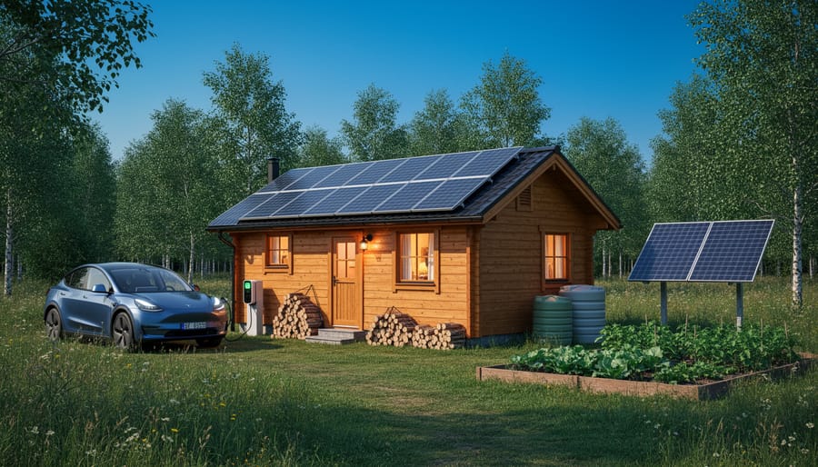 Off-grid cabin at dusk with roof-mounted solar panels and a small homestead garden in the foreground