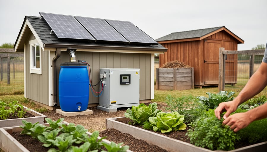 “Off-grid homestead with solar panels, rainwater barrel, and raised vegetable beds as a person tends plants in natural daylight.”