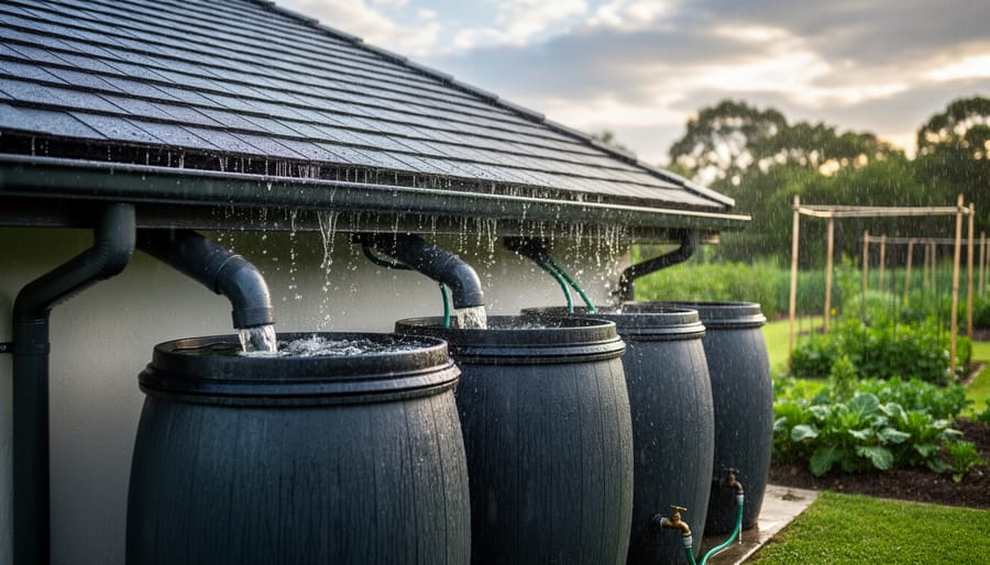Rainwater pouring from a gutter into storage barrels near an off-grid cabin roof