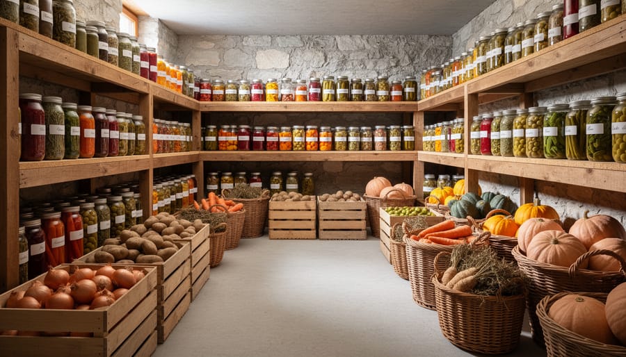 Root cellar interior with shelves of carrots, beets, and potatoes stored in bins