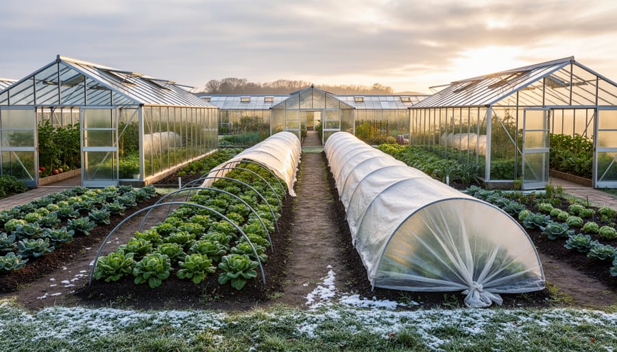 Winter vegetable plants growing under a clear cold frame in a backyard garden