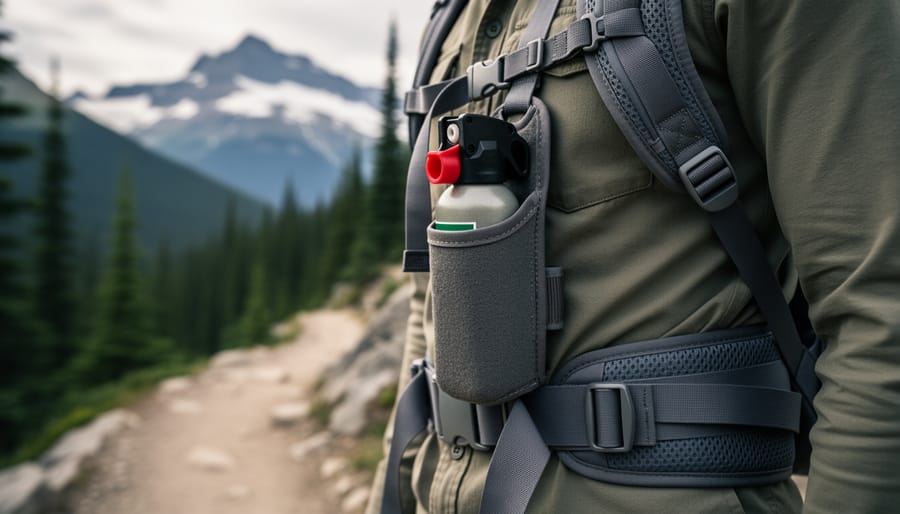 Bear spray canister clipped to a hiking harness in the Canadian Rockies wilderness with a pine forest and rocky trail in the background.