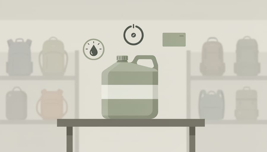 Bear spray canister on display in an outdoor store shelf in front of blurred camping gear