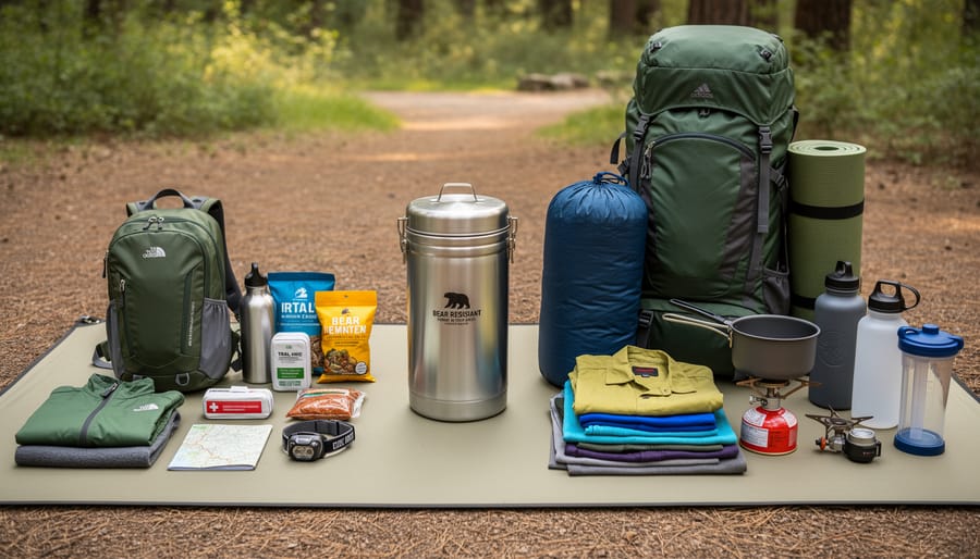Bear spray canister placed on a campsite table next to outdoor gear for size context