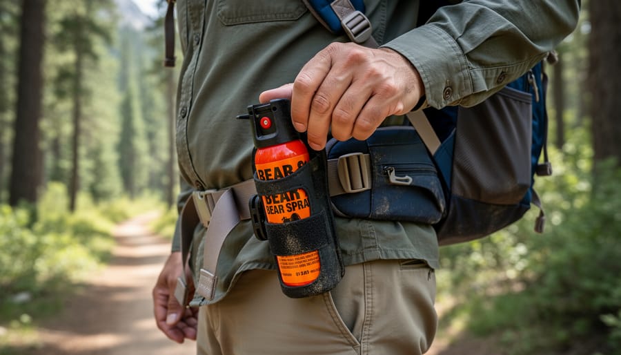 Bear spray canister stored in a quick-access holster on an outdoor belt in a forest setting