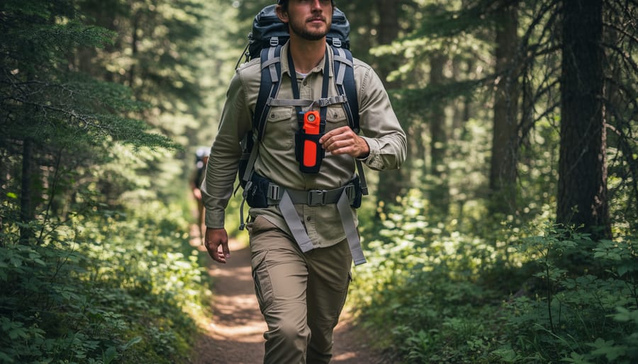 Hiker on a forest trail carrying bear spray responsibly with dense evergreens in the background