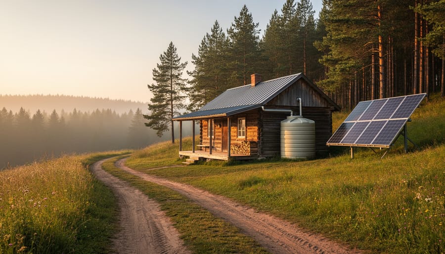 Remote wooden off-grid cabin in a forest clearing with solar panels and a rainwater storage tank during golden hour.