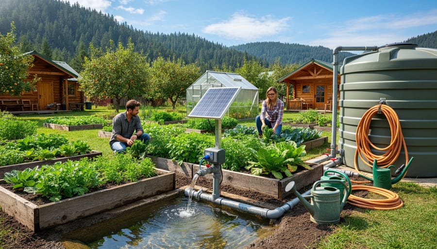 Rainwater collection tank feeding garden beds in an off-grid homestead