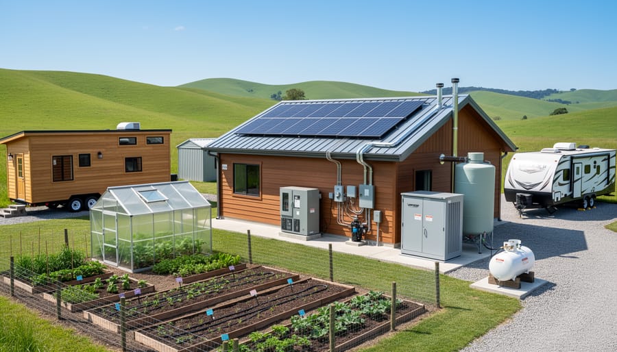 Tiny home and rooftop solar array on a rural property