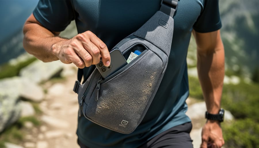 Close-up of hands accessing an external pocket on a small sling hiking bag