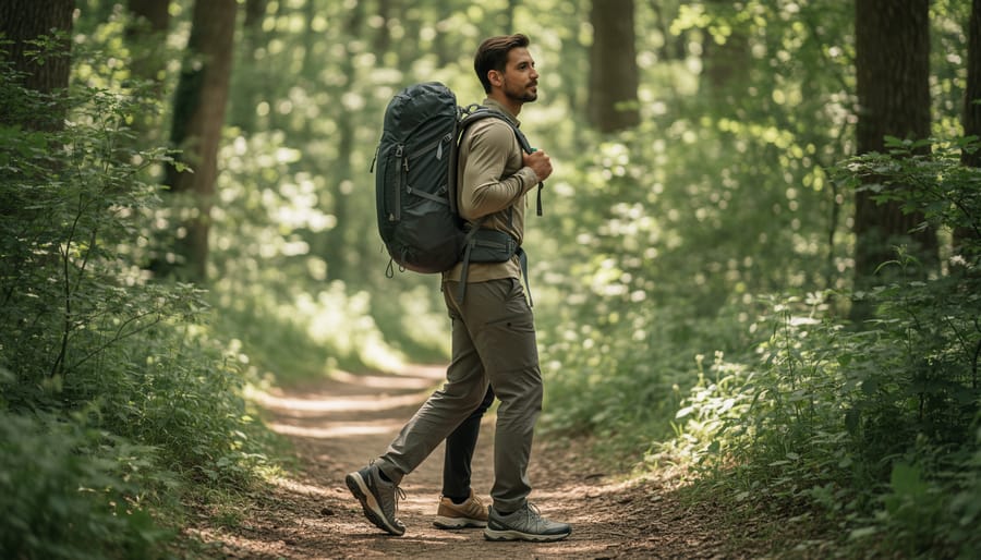 Hiker standing on a forest trail adjusting a small day hiking backpack shoulder strap
