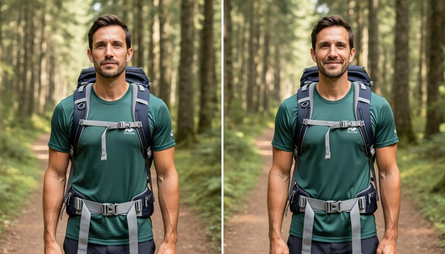 Hiker adjusting hip belt and sternum strap on a small day hiking backpack on a rocky trail.