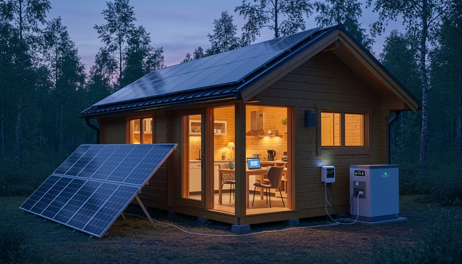 Off-grid cabin interior with warm lights and view of solar panels outside at twilight