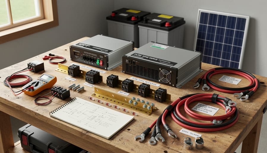 Close-up of off-grid solar components and cables arranged on a workbench with handheld gear nearby