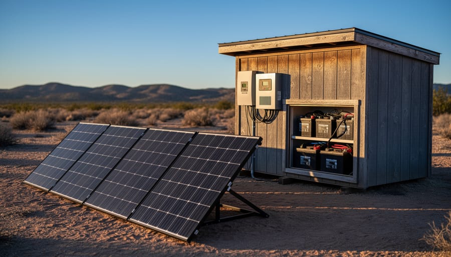 Off-grid solar energy system in a New Mexico desert, showing solar panels and battery/inverter equipment near a shed in warm evening light.