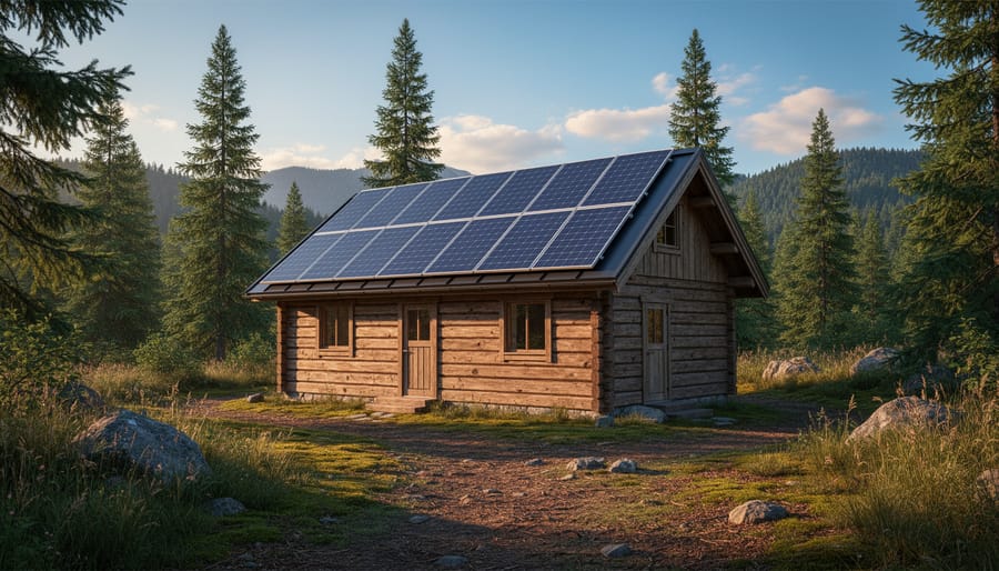 Remote cabin with solar panels on the roof during golden hour in a wooded setting