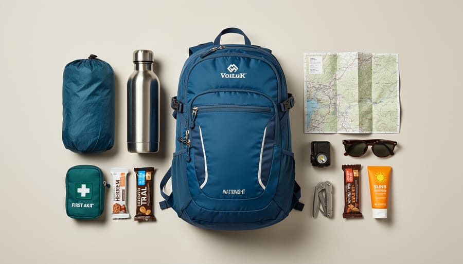 Small 20-25 liter hiking backpack laid open with day-hike essentials including a rain shell, first-aid kit, map, snacks, and water bottle.