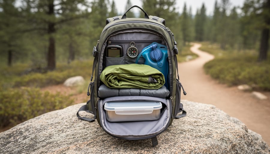 Small hiking daypack open on a trail with neatly packed essentials like rain shell, insulating layer, first-aid kit, lunch, and a two-liter water bladder.