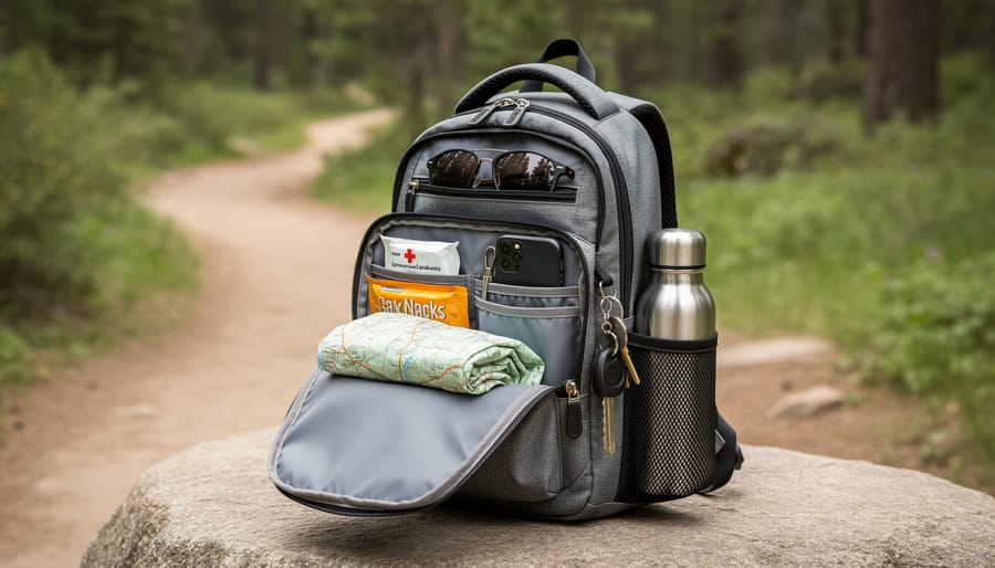 Small hiking bag open on a picnic table with organized day-hike essentials