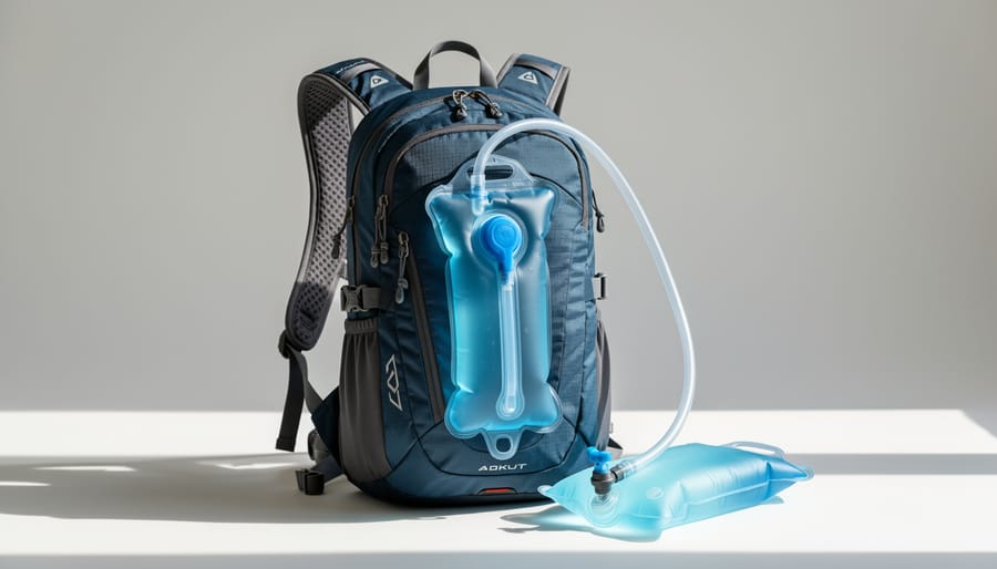 Small hiking backpack with hydration reservoir and hose routed toward the shoulder strap on a forest floor.