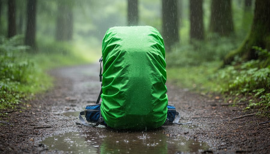 Small hiking backpack with rain cover deployed during wet rainy trail conditions, showing water beading on fabric.