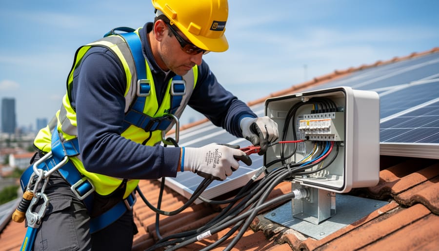 Technician wearing gloves making weatherproof solar wiring connections on a roof
