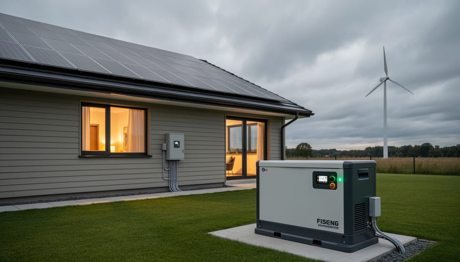 Outdoor backup generator connected to an off-grid power setup in the countryside