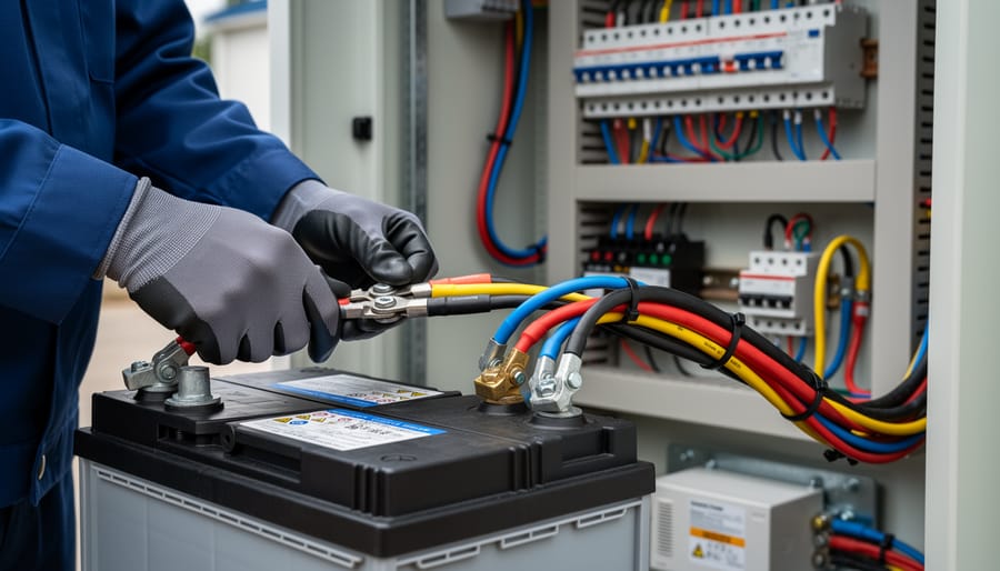 Gloved hands connecting electrical cables in an off-grid battery equipment shed