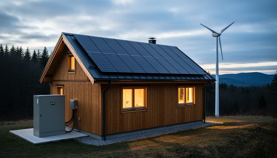 Remote off-grid cabin with solar panels on the roof, a nearby wind turbine, and a battery/inverter enclosure powering the home at dusk.