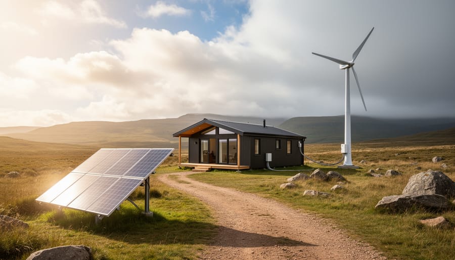 Remote off-grid cabin with rooftop solar panels and a wind turbine at dusk