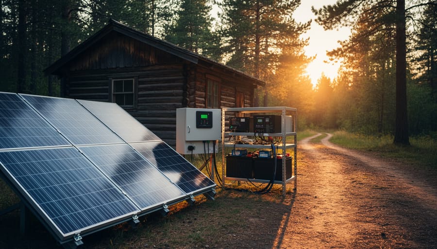 Off-grid cabin in a forest clearing with solar panels and battery storage equipment powering a stand-alone electrical system.