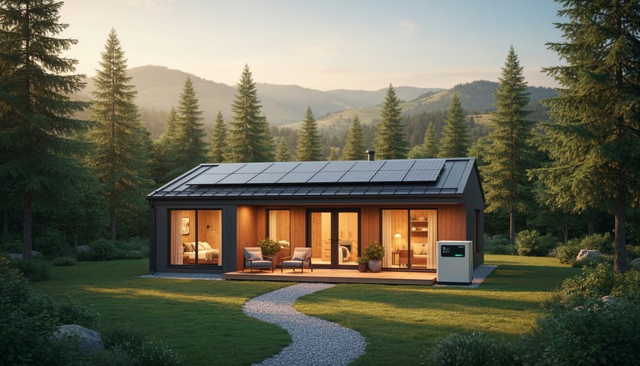 Remote off-grid cabin with warm interior light glowing at dusk in a forest clearing
