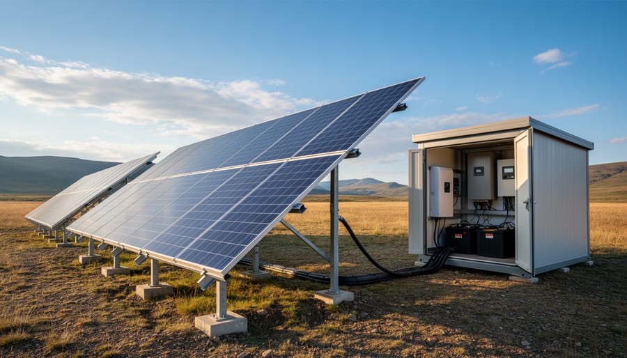 Solar panels installed on a cabin roof in a rural setting